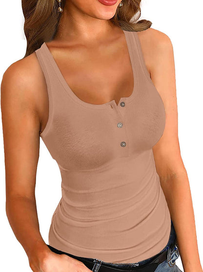VICHYIE Tank Tops for Women Summer Sleeveless Shirts Ribbed Slim Fitted Tops B Khaki (No Coffee) / XX-Large