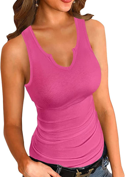 VICHYIE Tank Tops for Women Summer Sleeveless Shirts Ribbed Slim Fitted Tops A Hot Pink / XX-Large