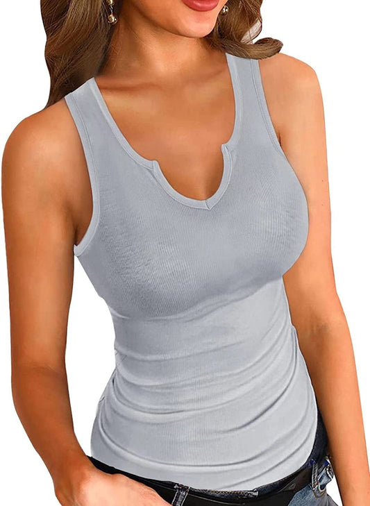 VICHYIE Tank Tops for Women Summer Sleeveless Shirts Ribbed Slim Fitted Tops A Grey / XX-Large