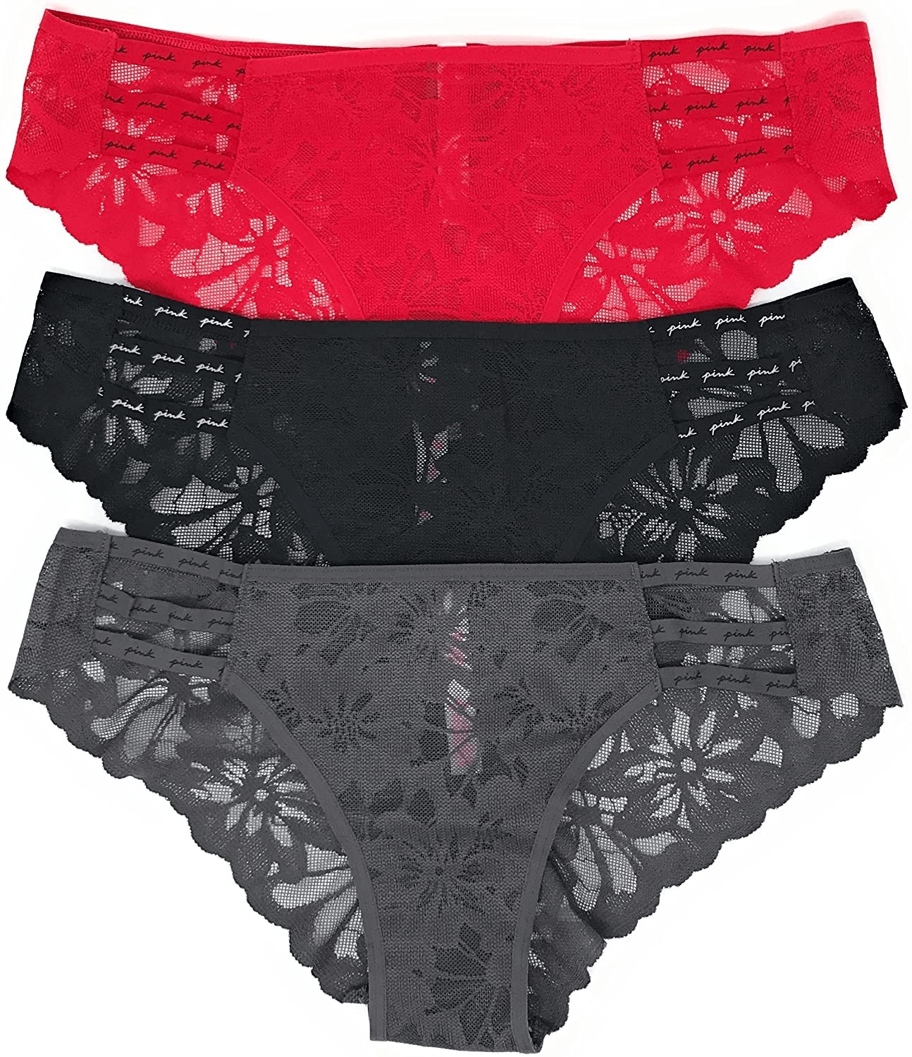 Victoria'S Secret Pink Cheekster Panty Set of 3  Victoria's Secret Strappy Lace Red / Black / Smoke Large 