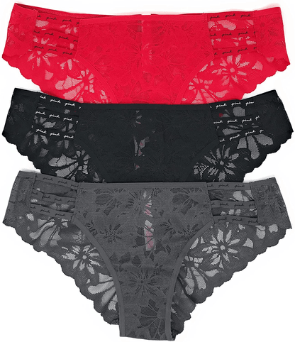 Victoria'S Secret Pink Cheekster Panty Set of 3  Victoria's Secret Strappy Lace Red / Black / Smoke Large 