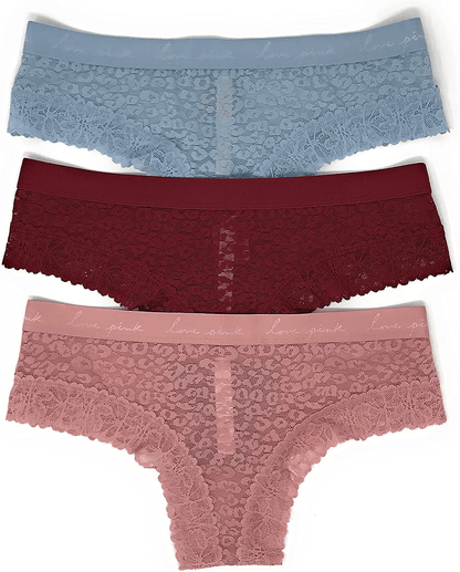 Victoria'S Secret Pink Cheekster Panty Set of 3  Victoria's Secret Lace Lt Teal / Cranberry / Damsel Pink Medium 