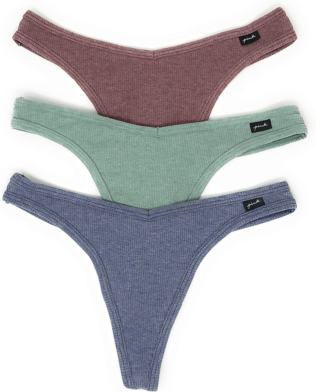 Victoria's Secret PINK Thong Panty Set of 3 Apparel & Accessories > Clothing > Underwear & Socks > Underwear Victoria's Secret Rib Burgundy / Seasalt / Denim Medium 