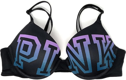 Victoria'S Secret Pink Wear Everywhere Push-Up Bra Black Ombre Logo Blue / 34DD