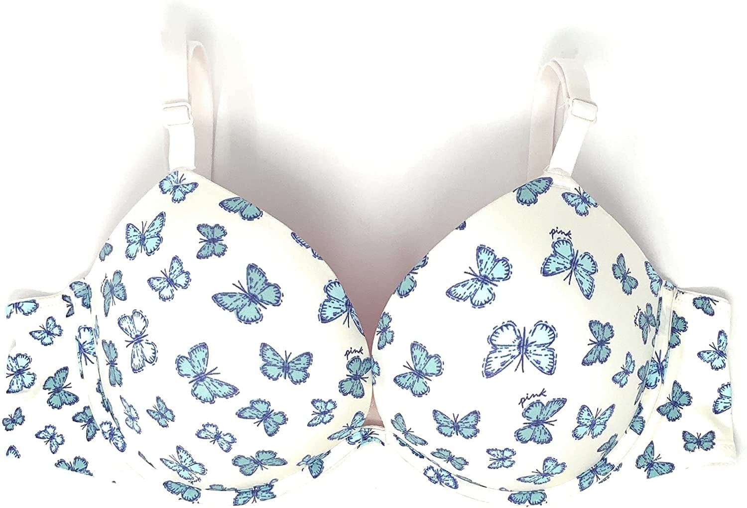 Victoria'S Secret Pink Wear Everywhere Super Push-Up Bra White / Blue Butterflies / 38B
