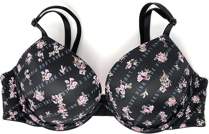 Victoria'S Secret Pink Wear Everywhere Super Push-Up Bra Black Floral Linear Logo / 34C