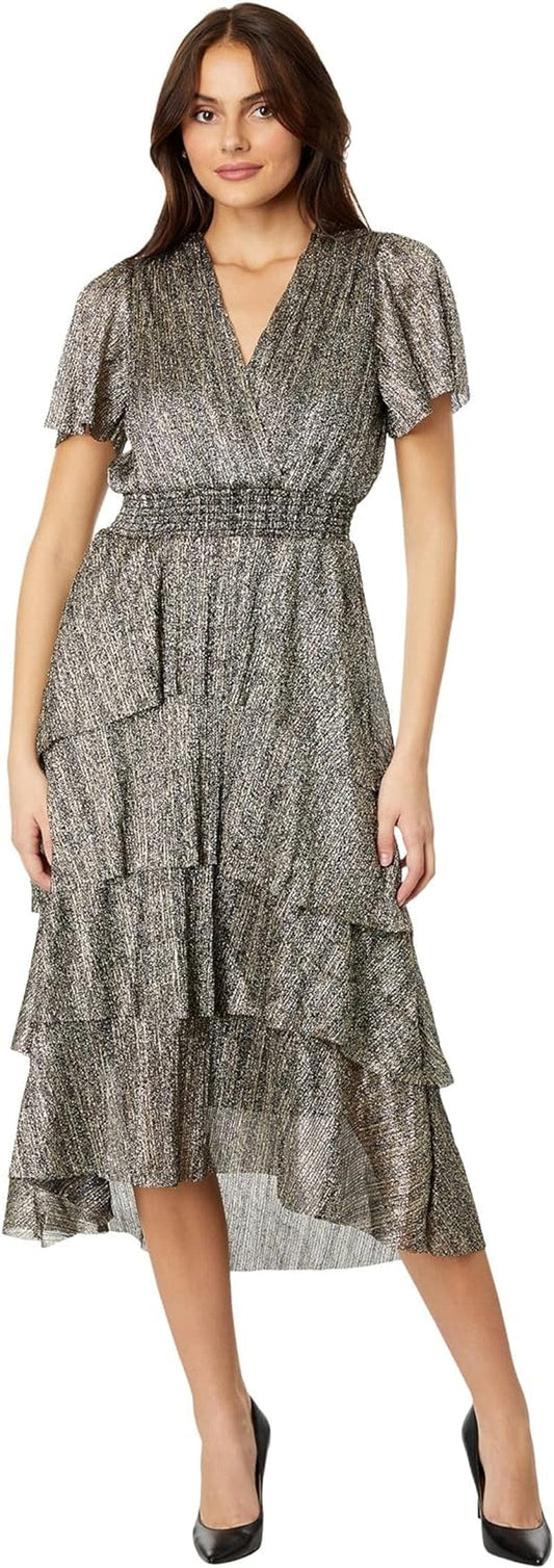 Vince Camuto V-Neck Tiered Midi Dress Rich Black MD