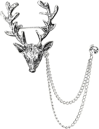 Vintage Animal Tassel Chain Pin Brooch for Men Women,Punk Buck Suit Tie Lapel Pin,Deer Ram Owl Rhinestone Collar Chain Pin for Boyfriend Gifts Buck Silver
