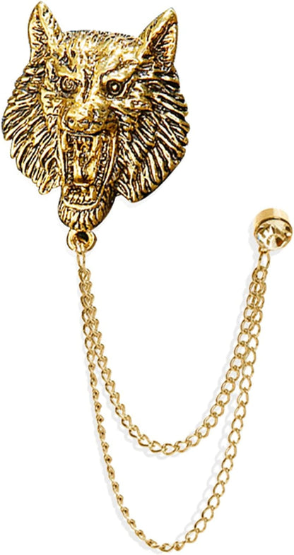 Vintage Animal Tassel Chain Pin Brooch for Men Women,Punk Buck Suit Tie Lapel Pin,Deer Ram Owl Rhinestone Collar Chain Pin for Boyfriend Gifts Leopard Gold