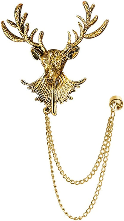 Vintage Animal Tassel Chain Pin Brooch for Men Women,Punk Buck Suit Tie Lapel Pin,Deer Ram Owl Rhinestone Collar Chain Pin for Boyfriend Gifts Ram Gold