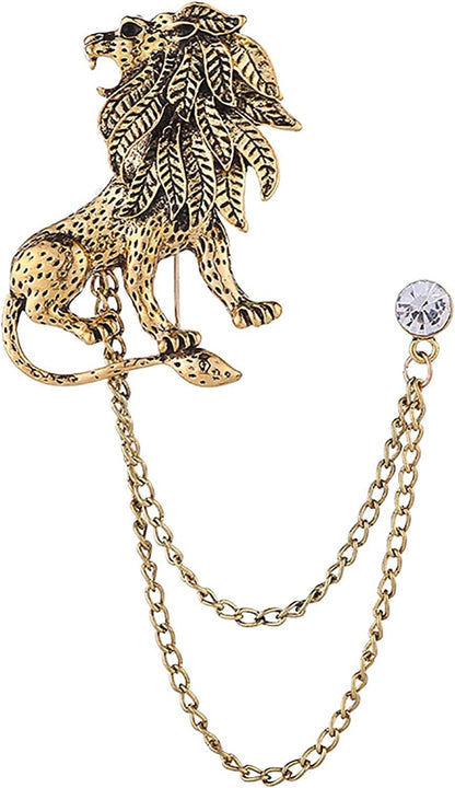 Vintage Animal Tassel Chain Pin Brooch for Men Women,Punk Buck Suit Tie Lapel Pin,Deer Ram Owl Rhinestone Collar Chain Pin for Boyfriend Gifts Lion Gold