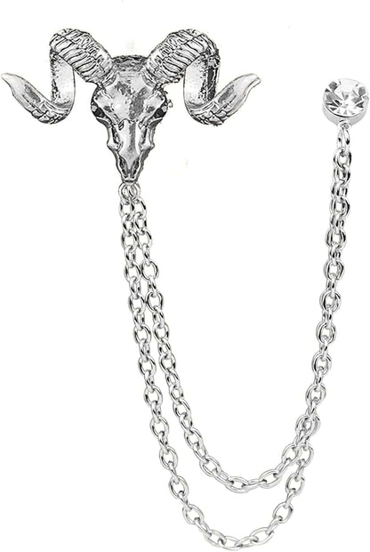 Vintage Animal Tassel Chain Pin Brooch for Men Women,Punk Buck Suit Tie Lapel Pin,Deer Ram Owl Rhinestone Collar Chain Pin for Boyfriend Gifts Antelope Silver