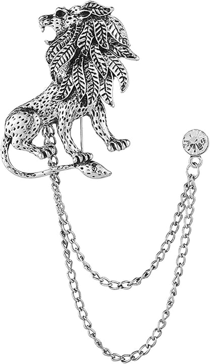 Vintage Animal Tassel Chain Pin Brooch for Men Women,Punk Buck Suit Tie Lapel Pin,Deer Ram Owl Rhinestone Collar Chain Pin for Boyfriend Gifts Lion Silver