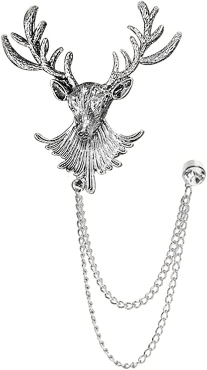Vintage Animal Tassel Chain Pin Brooch for Men Women,Punk Buck Suit Tie Lapel Pin,Deer Ram Owl Rhinestone Collar Chain Pin for Boyfriend Gifts Ram Silver