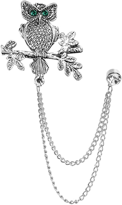 Vintage Animal Tassel Chain Pin Brooch for Men Women,Punk Buck Suit Tie Lapel Pin,Deer Ram Owl Rhinestone Collar Chain Pin for Boyfriend Gifts Owl Silver