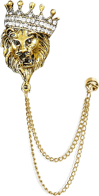 Vintage Animal Tassel Chain Pin Brooch for Men Women,Punk Buck Suit Tie Lapel Pin,Deer Ram Owl Rhinestone Collar Chain Pin for Boyfriend Gifts Crown Lion Gold