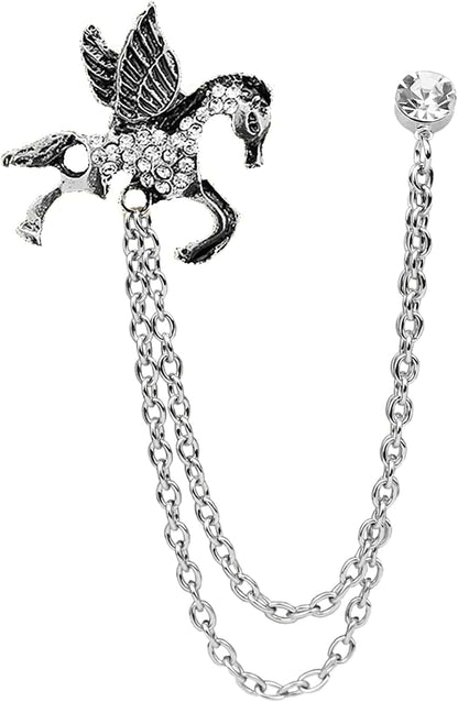 Vintage Animal Tassel Chain Pin Brooch for Men Women,Punk Buck Suit Tie Lapel Pin,Deer Ram Owl Rhinestone Collar Chain Pin for Boyfriend Gifts Pegasus Silver