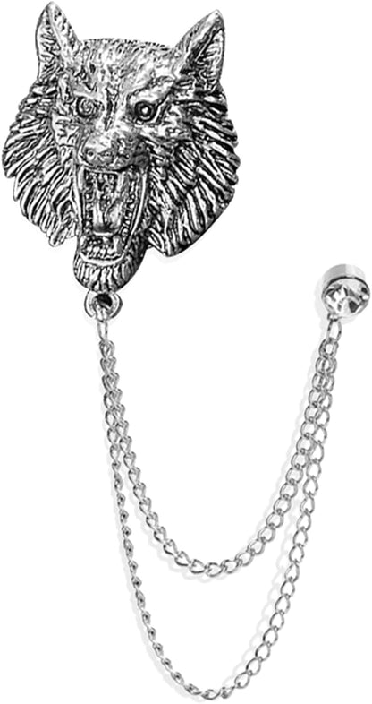 Vintage Animal Tassel Chain Pin Brooch for Men Women,Punk Buck Suit Tie Lapel Pin,Deer Ram Owl Rhinestone Collar Chain Pin for Boyfriend Gifts Leopard Silver