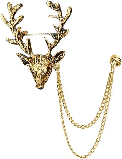 Vintage Animal Tassel Chain Pin Brooch for Men Women,Punk Buck Suit Tie Lapel Pin,Deer Ram Owl Rhinestone Collar Chain Pin for Boyfriend Gifts Buck Gold