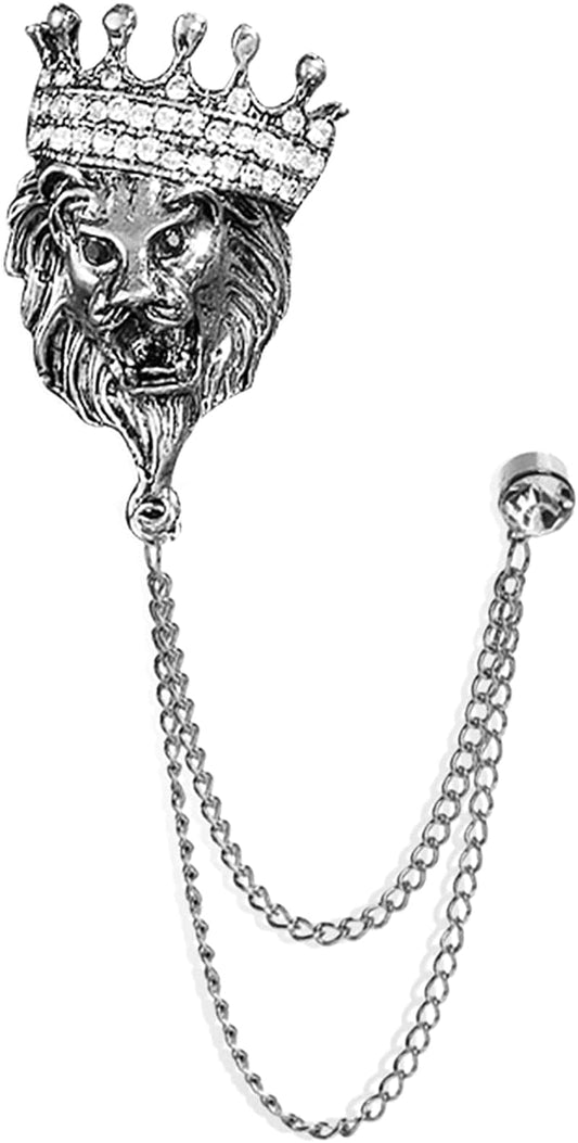 Vintage Animal Tassel Chain Pin Brooch for Men Women,Punk Buck Suit Tie Lapel Pin,Deer Ram Owl Rhinestone Collar Chain Pin for Boyfriend Gifts Crown Lion Silver