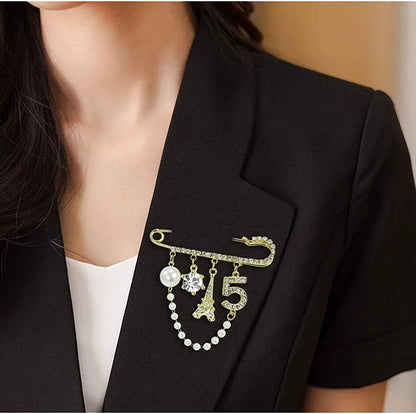 Vintage Crown Number 5 Lapel Pins and Brooches for Women Rhinestone Jewelry with Simulated Pearl