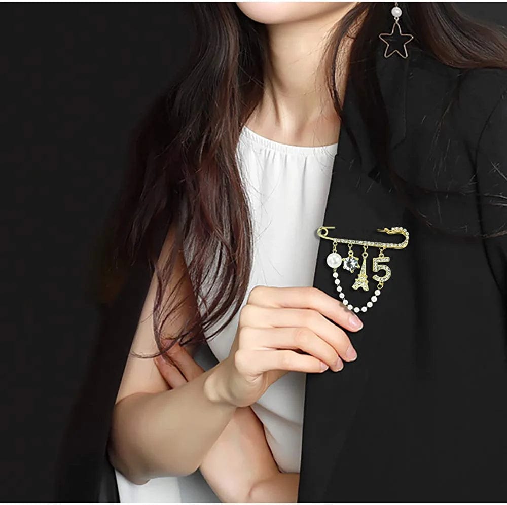 Vintage Crown Number 5 Lapel Pins and Brooches for Women Rhinestone Jewelry with Simulated Pearl