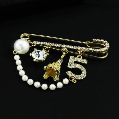 Vintage Crown Number 5 Lapel Pins and Brooches for Women Rhinestone Jewelry with Simulated Pearl