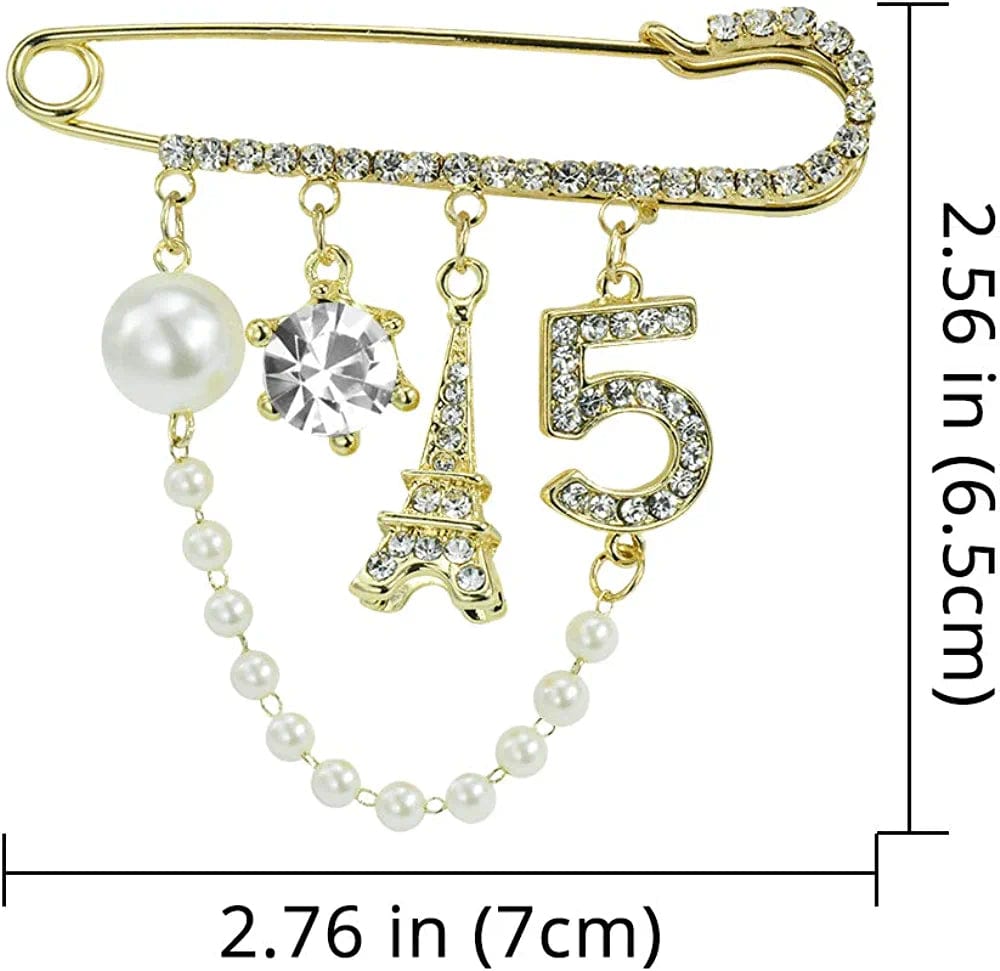 Vintage Crown Number 5 Lapel Pins and Brooches for Women Rhinestone Jewelry with Simulated Pearl