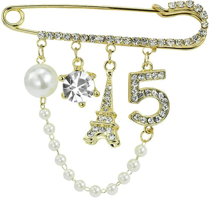 Vintage Crown Number 5 Lapel Pins and Brooches for Women Rhinestone Jewelry with Simulated Pearl