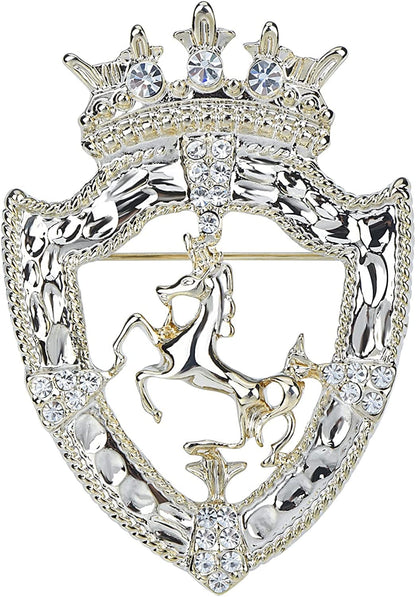Vintage Gold Tone Crown Horse Pin Brooch Retro Crystal Shield Badge Lapel Pin for Men Women Light Gold