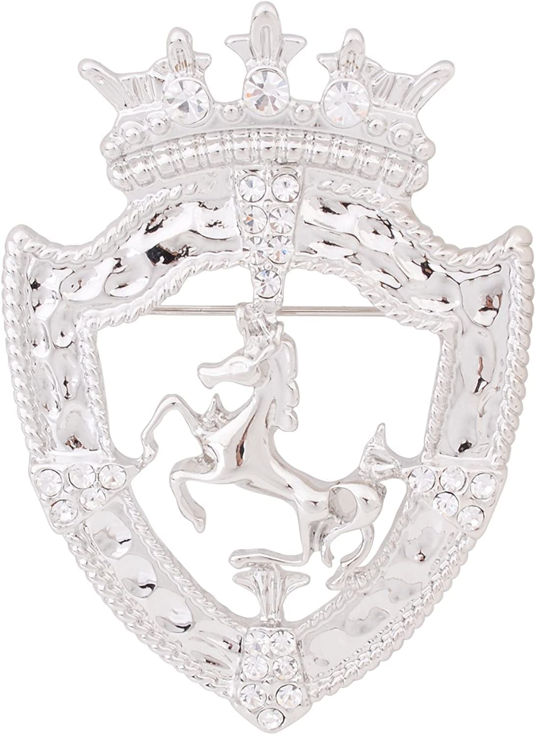 Vintage Gold Tone Crown Horse Pin Brooch Retro Crystal Shield Badge Lapel Pin for Men Women Silver