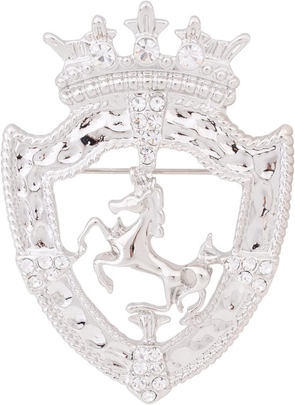 Vintage Gold Tone Crown Horse Pin Brooch Retro Crystal Shield Badge Lapel Pin for Men Women Silver
