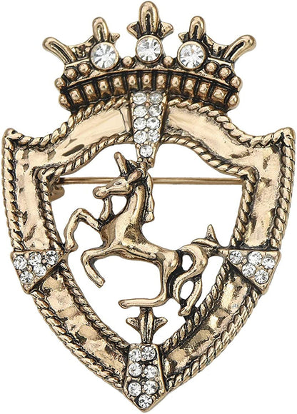Vintage Gold Tone Crown Horse Pin Brooch Retro Crystal Shield Badge Lapel Pin for Men Women Small Gold