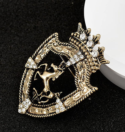 Vintage Gold Tone Crown Horse Pin Brooch Retro Crystal Shield Badge Lapel Pin for Men Women