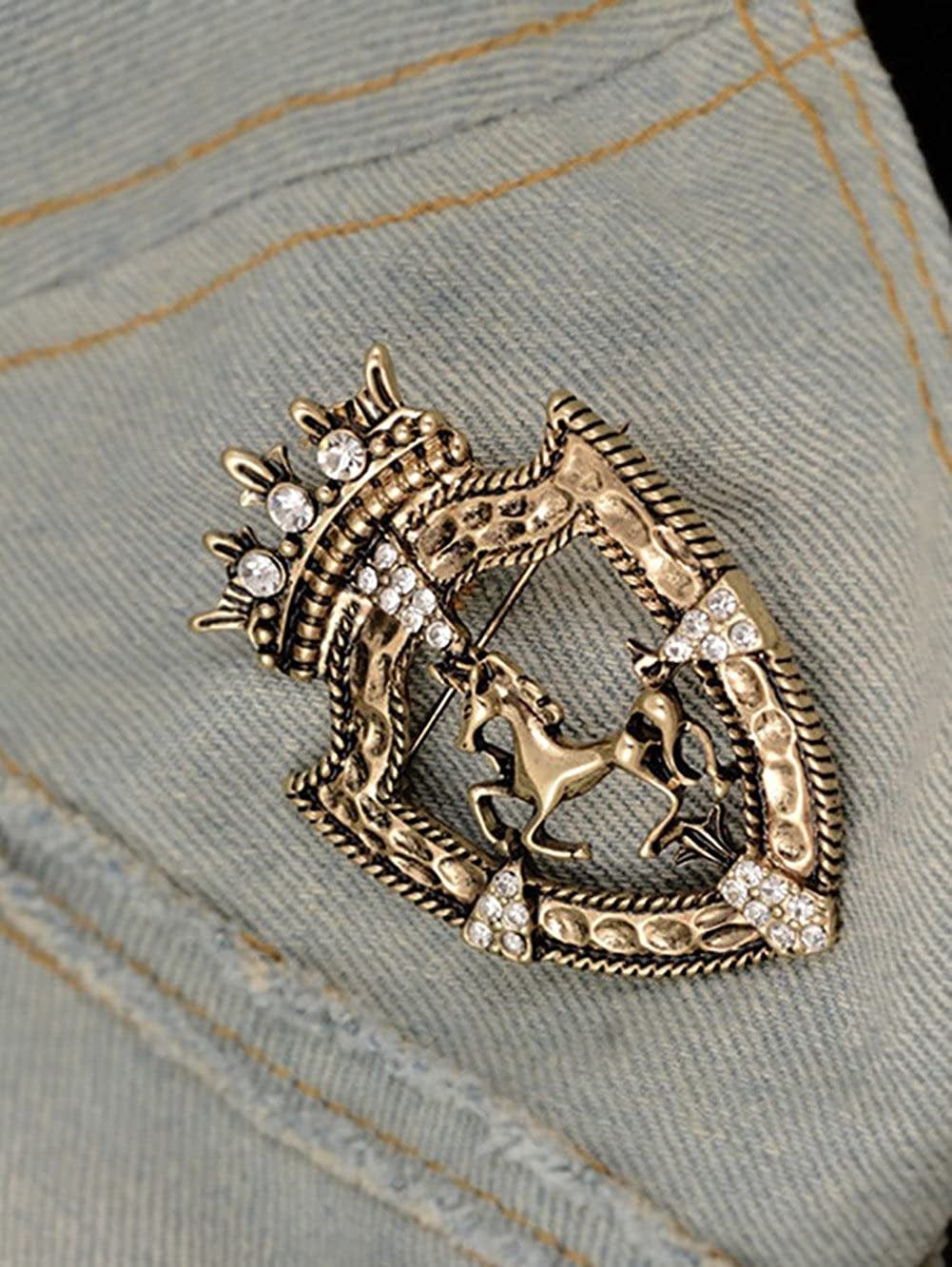 Vintage Gold Tone Crown Horse Pin Brooch Retro Crystal Shield Badge Lapel Pin for Men Women