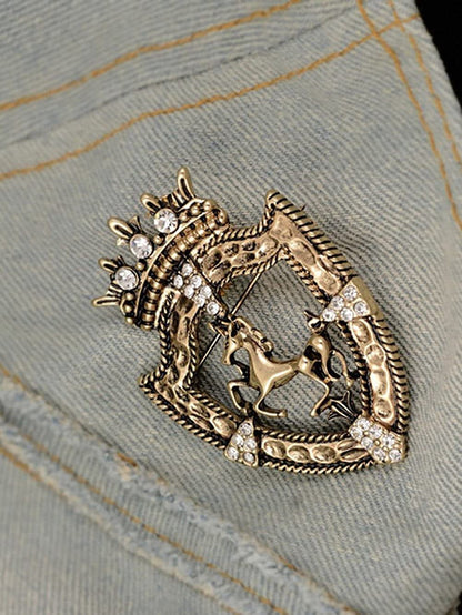 Vintage Gold Tone Crown Horse Pin Brooch Retro Crystal Shield Badge Lapel Pin for Men Women