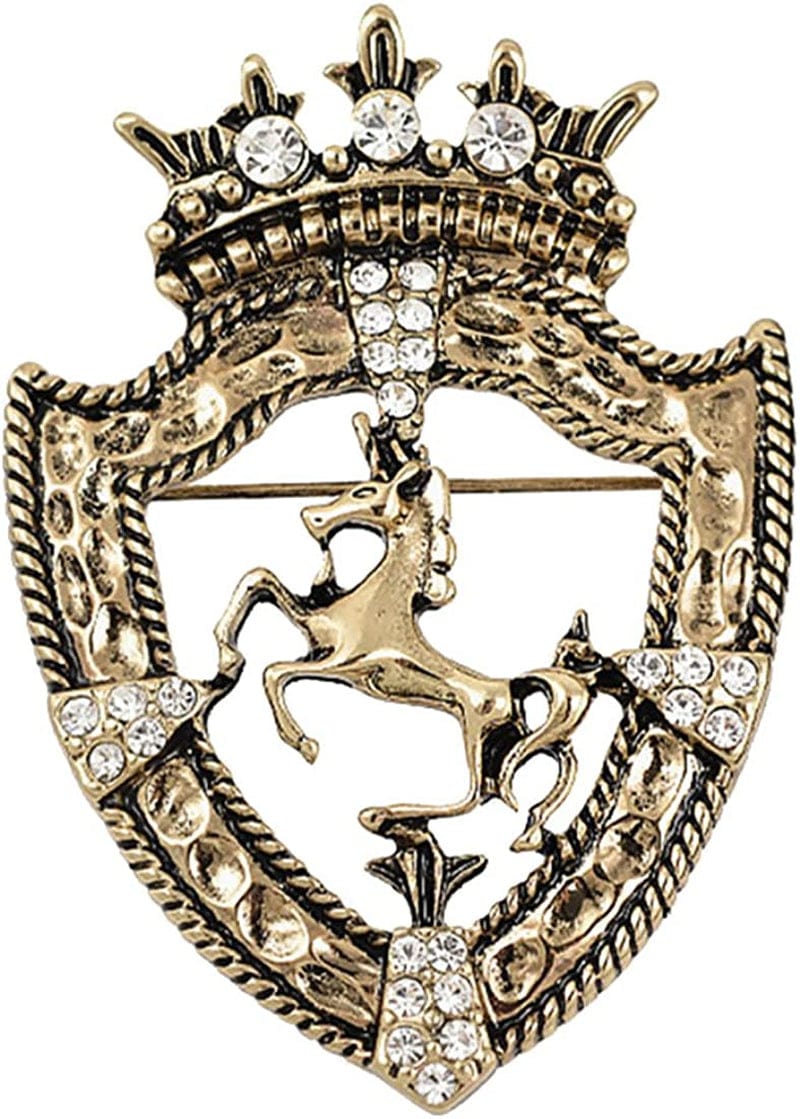Vintage Gold Tone Crown Horse Pin Brooch Retro Crystal Shield Badge Lapel Pin for Men Women Gold