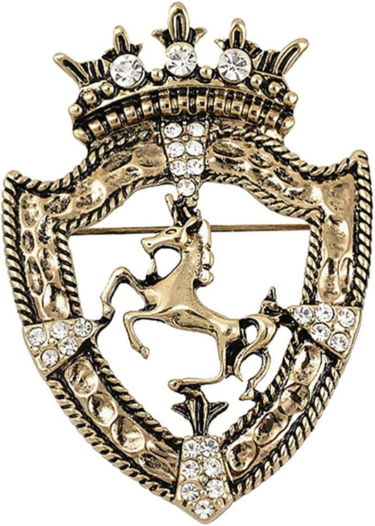 Vintage Gold Tone Crown Horse Pin Brooch Retro Crystal Shield Badge Lapel Pin for Men Women Gold