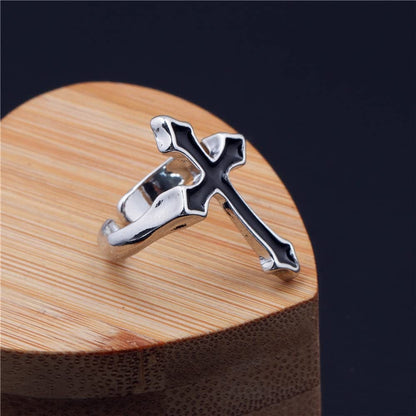 Vintage Men Black Big Cross Open Ring for Women Party Jewelry Trendy Gothic Metal Color Finger Adjustable Ring Gift Useful and Fashion