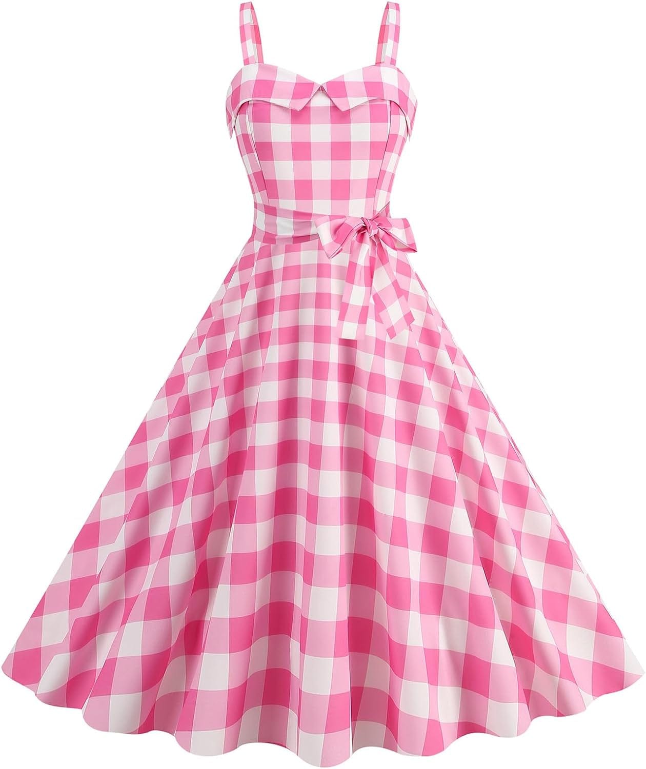 Vintage Pink Gingham Dress for Women Vintage 1950S Cocktail Party Swing Dress 50'S Retro Spaghetti Strap Pink Plaid Dress Pink-Belt / Small