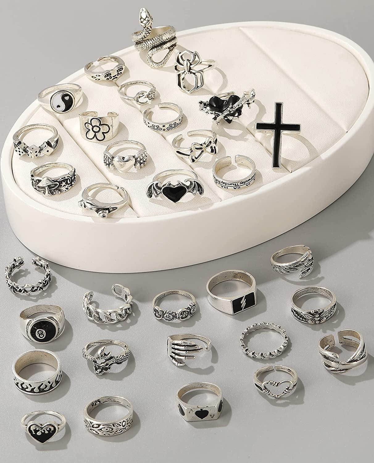 Vintage Silver Goth Punk Rings for Men Women Girls, Cool Gothic Ring Pack, Chunky Stackable Animal Rings Bulk,Statement Stacking Rings,Open Snake Butterfly Ace Eboy Y2K Ring Set,17Mile Jewelry A-Silver Color 32PCS