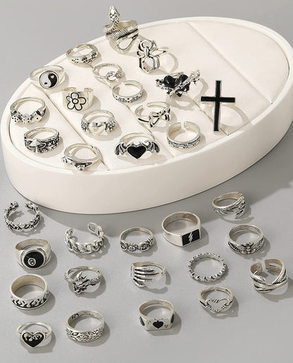 Vintage Silver Goth Punk Rings for Men Women Girls, Cool Gothic Ring Pack, Chunky Stackable Animal Rings Bulk,Statement Stacking Rings,Open Snake Butterfly Ace Eboy Y2K Ring Set,17Mile Jewelry A-Silver Color 32PCS