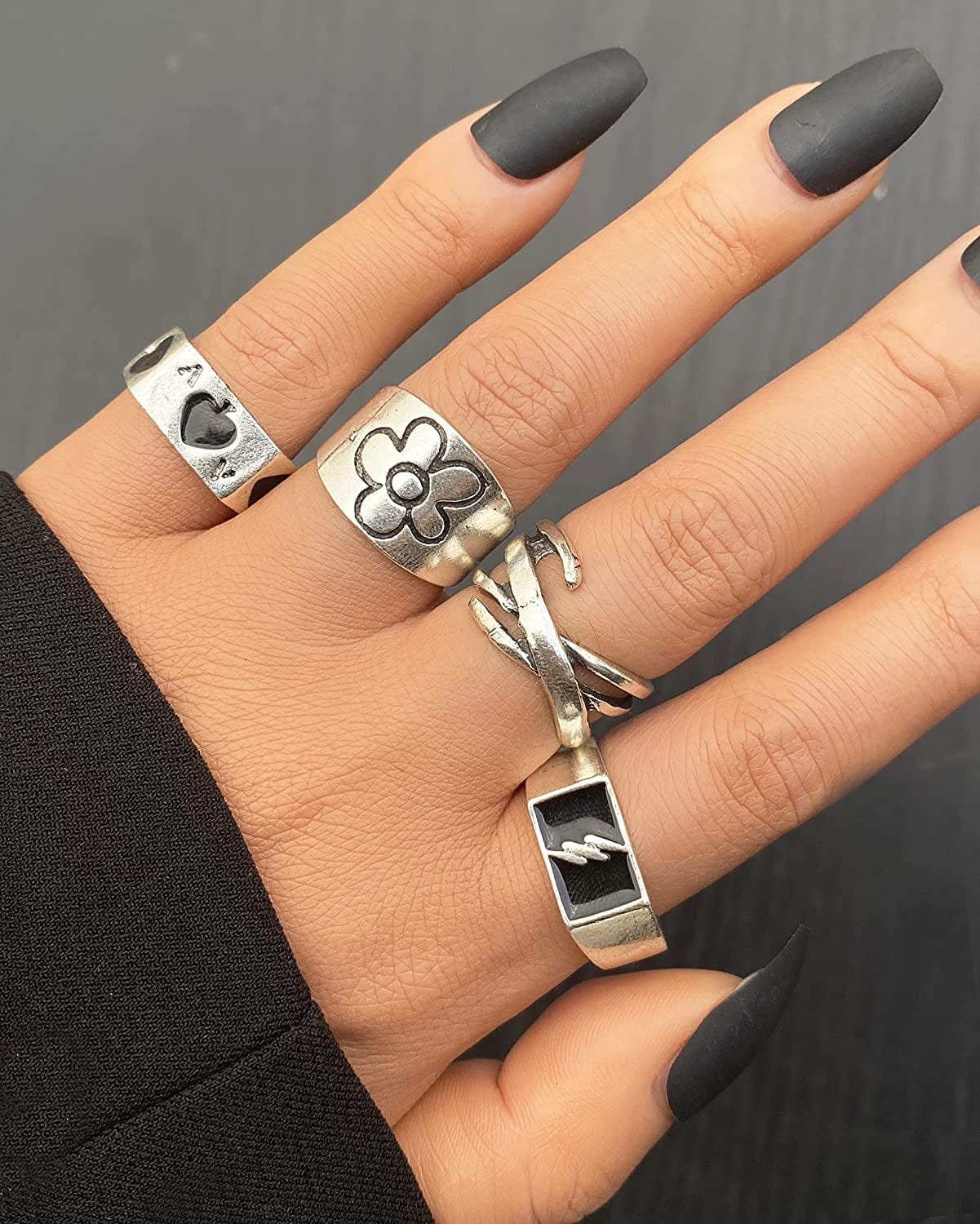 Vintage Silver Goth Punk Rings for Men Women Girls, Cool Gothic Ring Pack, Chunky Stackable Animal Rings Bulk,Statement Stacking Rings,Open Snake Butterfly Ace Eboy Y2K Ring Set,17Mile Jewelry A-Silver Color 32PCS