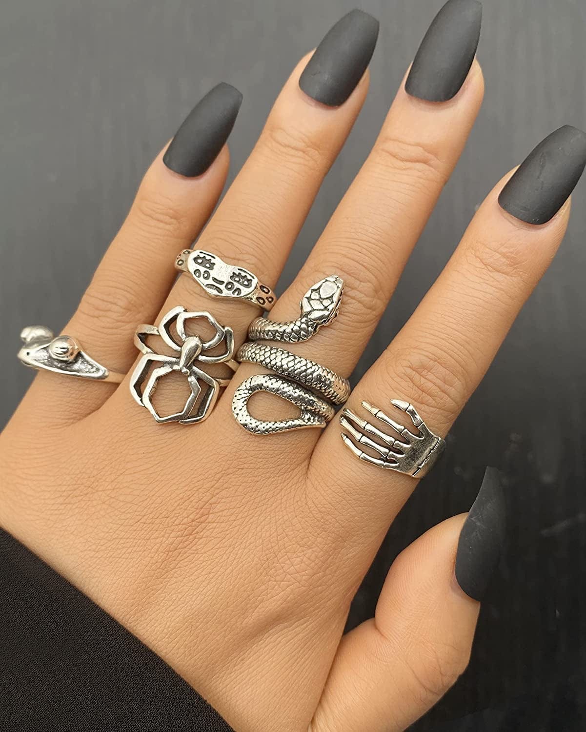 Vintage Silver Goth Punk Rings for Men Women Girls, Cool Gothic Ring Pack, Chunky Stackable Animal Rings Bulk,Statement Stacking Rings,Open Snake Butterfly Ace Eboy Y2K Ring Set,17Mile Jewelry A-Silver Color 32PCS