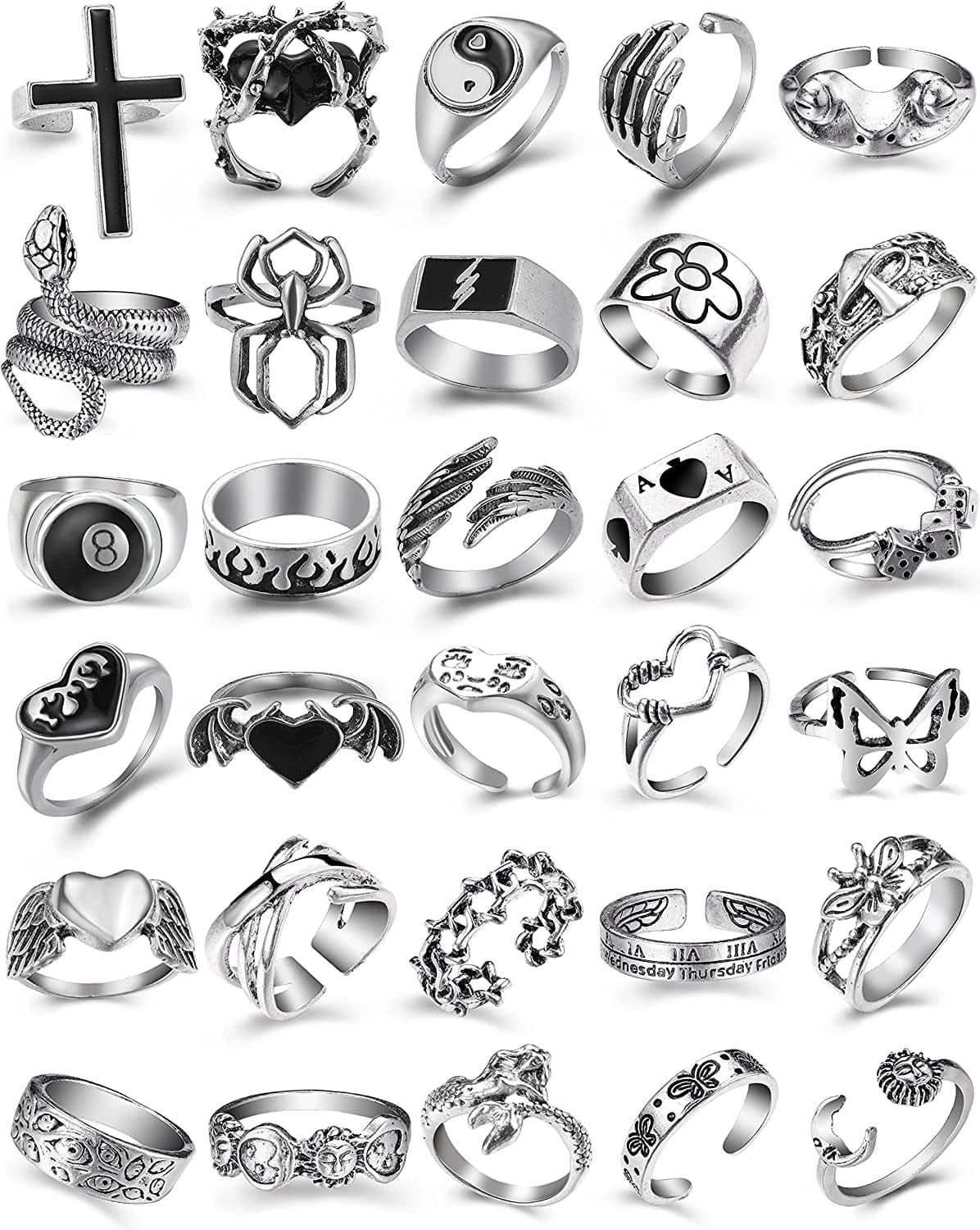 Vintage Silver Goth Punk Rings for Men Women Girls, Cool Gothic Ring Pack, Chunky Stackable Animal Rings Bulk,Statement Stacking Rings,Open Snake Butterfly Ace Eboy Y2K Ring Set,17Mile Jewelry A-Silver Color 32PCS