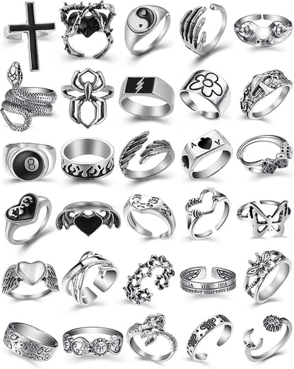 Vintage Silver Goth Punk Rings for Men Women Girls, Cool Gothic Ring Pack, Chunky Stackable Animal Rings Bulk,Statement Stacking Rings,Open Snake Butterfly Ace Eboy Y2K Ring Set,17Mile Jewelry A-Silver Color 32PCS