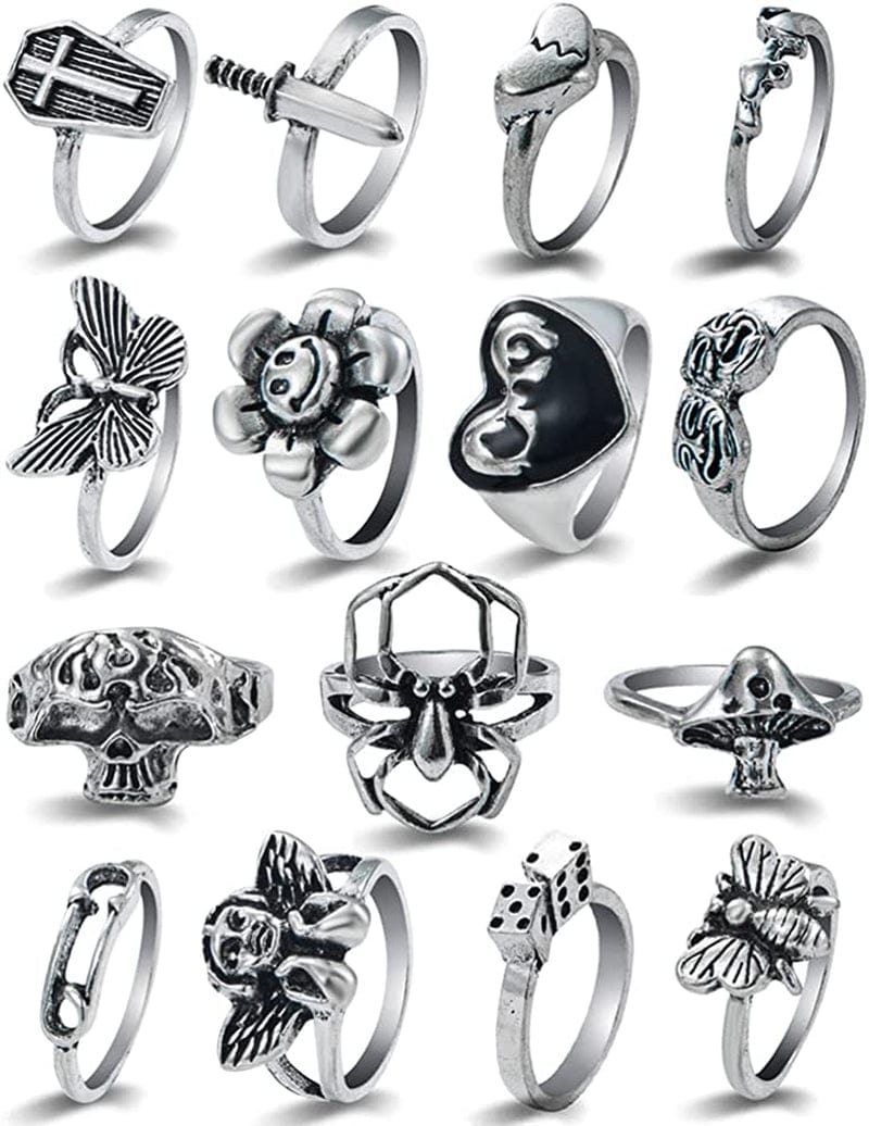 Vintage Silver Goth Punk Rings Set for Men Women Girls, Cool Gothic Ring Pack, Chunky Stackable Knuckle Finger Rings Bulk, Adjustable Open Snake Spider Frog Butterfly Grunge Stacking Rings Punk 15pcs