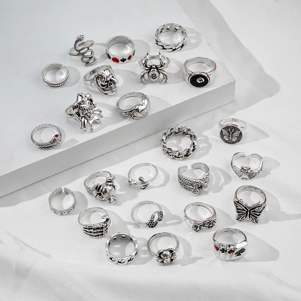 Vintage Silver Goth Punk Rings Set for Men Women Girls, Cool Gothic Ring Pack, Chunky Stackable Knuckle Finger Rings Bulk, Adjustable Open Snake Spider Frog Butterfly Grunge Stacking Rings