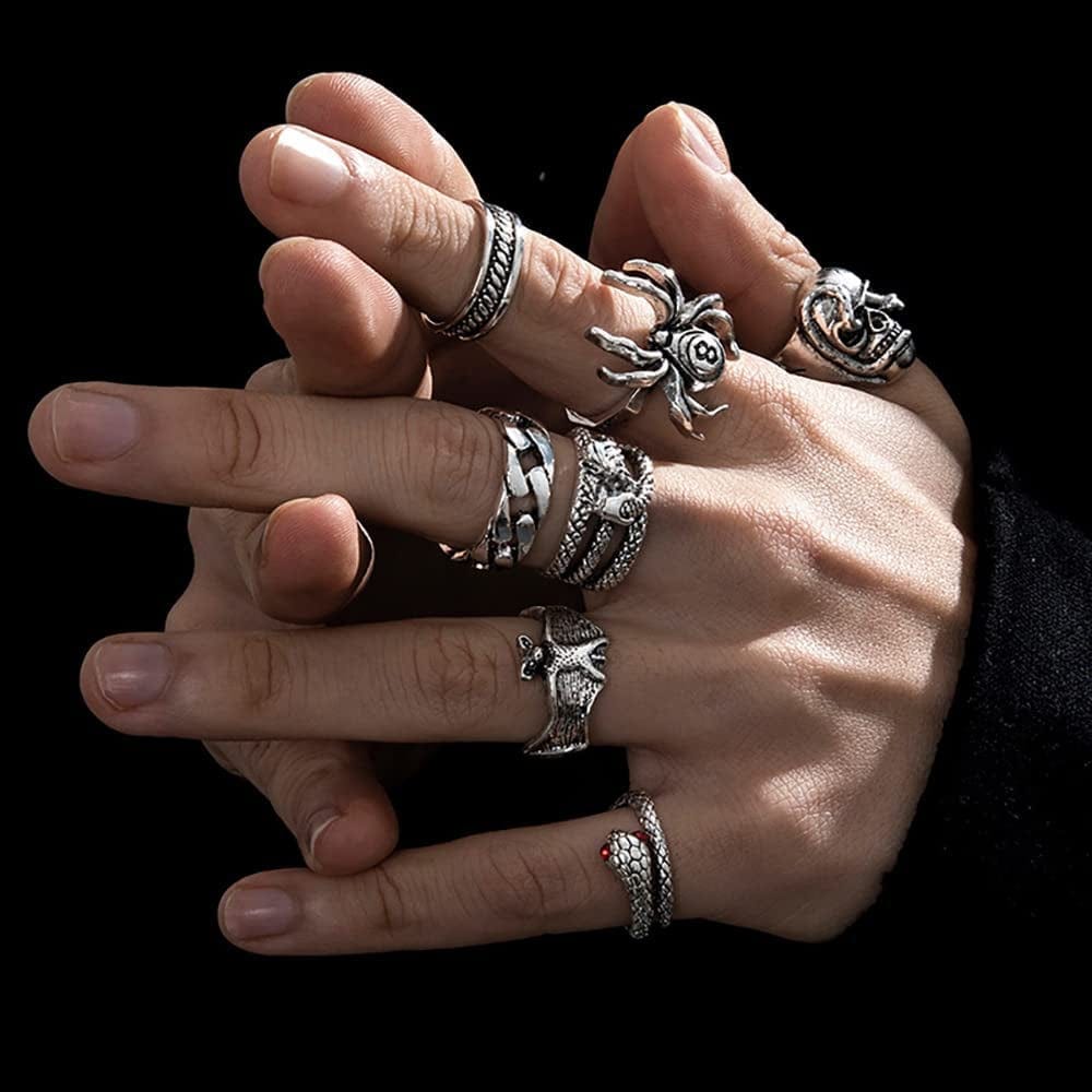 Vintage Silver Goth Punk Rings Set for Men Women Girls, Cool Gothic Ring Pack, Chunky Stackable Knuckle Finger Rings Bulk, Adjustable Open Snake Spider Frog Butterfly Grunge Stacking Rings