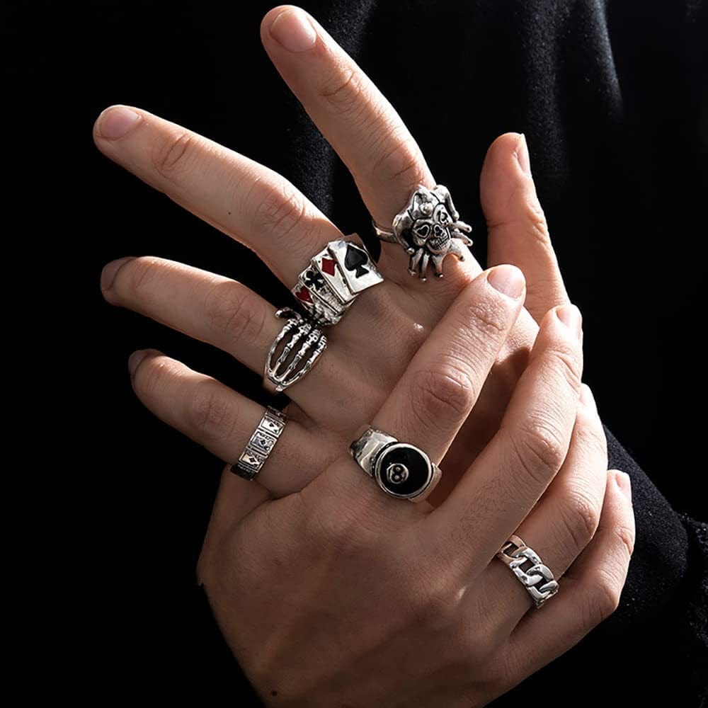 Vintage Silver Goth Punk Rings Set for Men Women Girls, Cool Gothic Ring Pack, Chunky Stackable Knuckle Finger Rings Bulk, Adjustable Open Snake Spider Frog Butterfly Grunge Stacking Rings